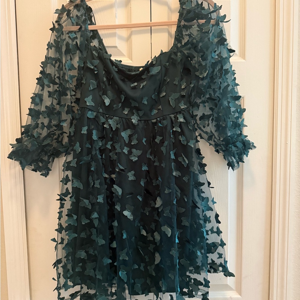 Hunter Green 3D Butterfly Appliqué Mini Dress